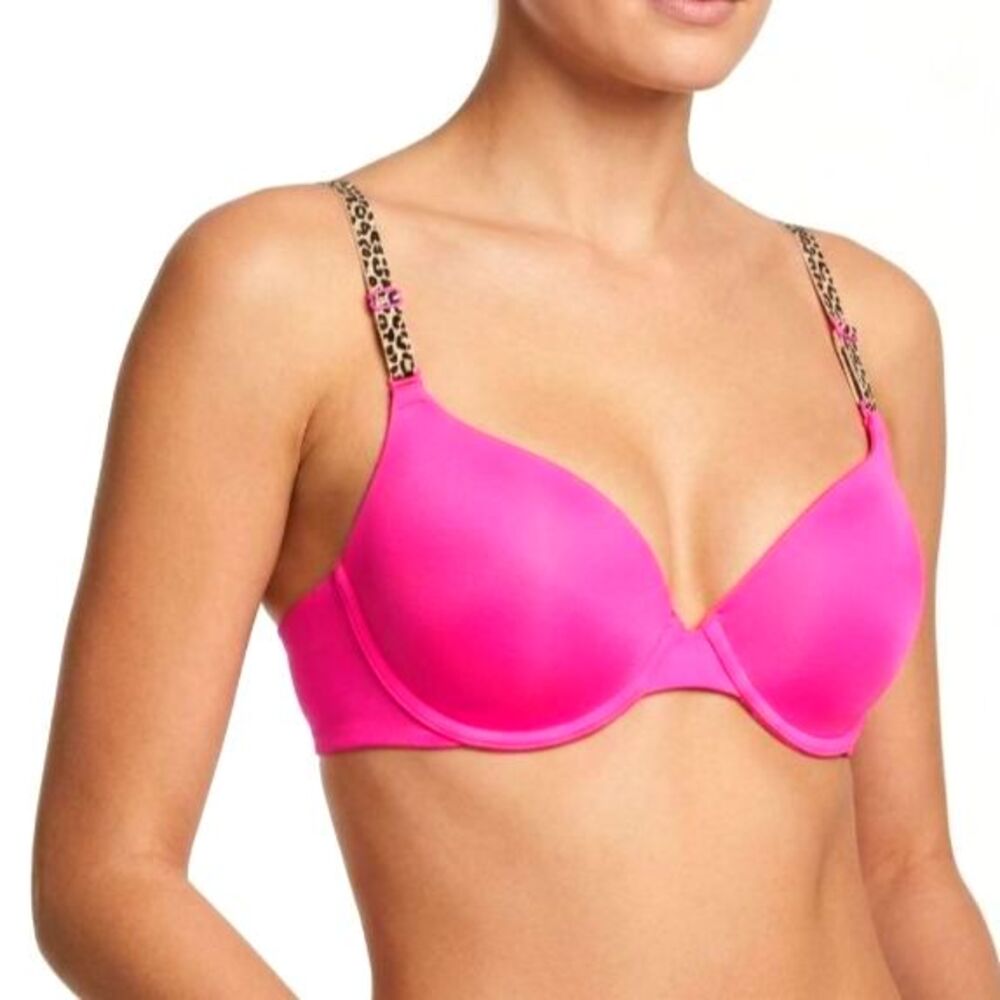 PINK Victoria's Secret Hot Pink Leopard Print Straps Underwire Push-up Bra 34D